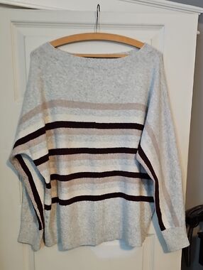 LOFT Light Gray Striped Boatneck Sweater with Beige and Dark Brown Bands